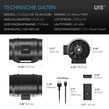 AC Infinity Cloudline A8 Extracteur 1230 m³/h ø200 mm avec régulateur de vitesse
