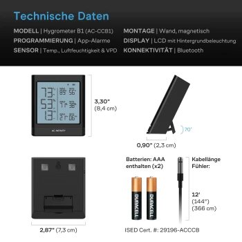 AC Infinity Smart Hygromètre B1 – Appareil de mesure climatique VPD avec capteur externe